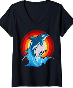 Womens Sunset Ocean Animal Lover Aquarist Gift Whale Retro Orca V-Neck T-Shirt