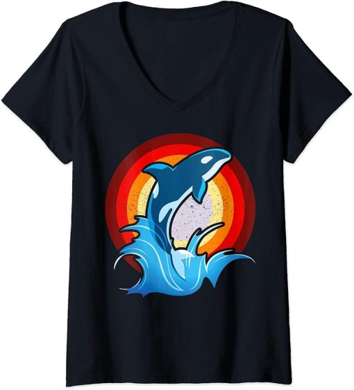 Womens Sunset Ocean Animal Lover Aquarist Gift Whale Retro Orca V-Neck T-Shirt