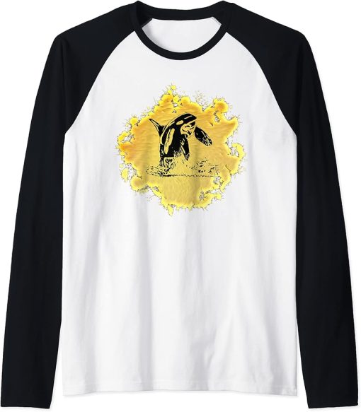 Orca Motif Whale Ocean Predator Design Animals Orcas Raglan Baseball Tee